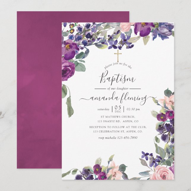 Violett, Pflaume und Blütenblüte Einladung (Vorne/Hinten)