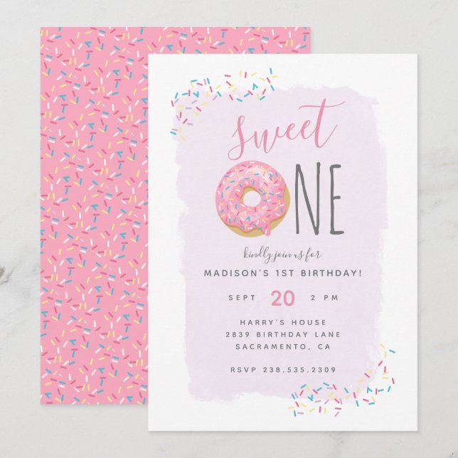 Violett | Pink Doughnut Sprinkle Sweet 1st Birthda Einladung (Vorne/Hinten)