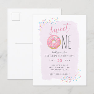 Violett Pink Doughnut Sprinkle Sweet 1st Birthda Einladungspostkarte