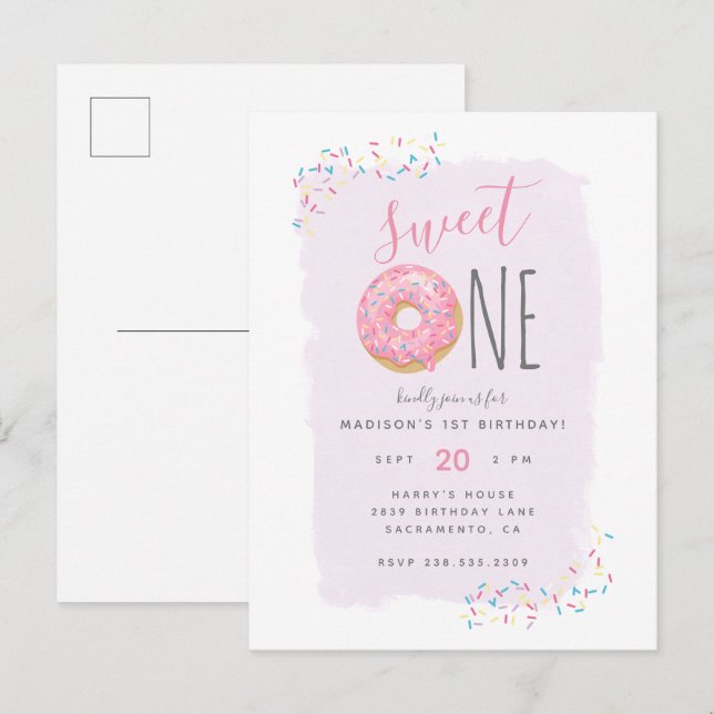 Violett | Pink Doughnut Sprinkle Sweet 1st Birthda Einladungspostkarte (Vorne/Hinten)