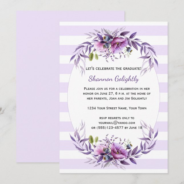 Violett Pink Lila Blumen Streifen Grad Party Einladung (Vorne/Hinten)