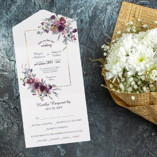 Violett Rosa blaue Flora Gold Rahmen Hochzeit All In One Einladung