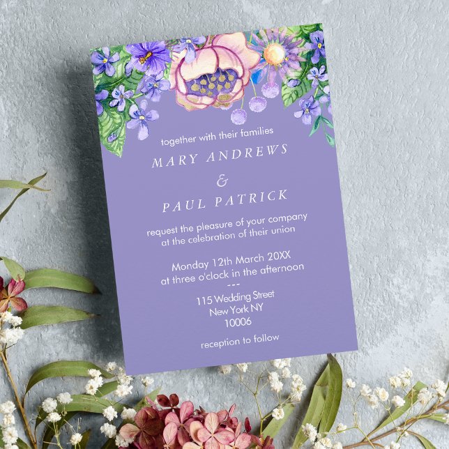 Violett-Rosa-Lila-Elfenbein-Wildblumen Hochzeit Einladung (Violet pink lilac ivory gold wildflowers Wedding )