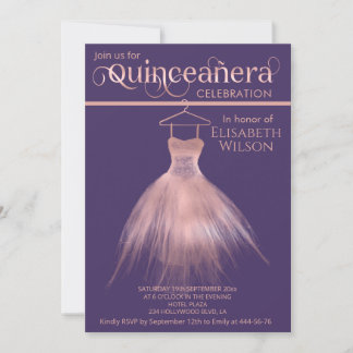 Violett Rose Goldkleid Kalligrafie Quinceañera Einladung
