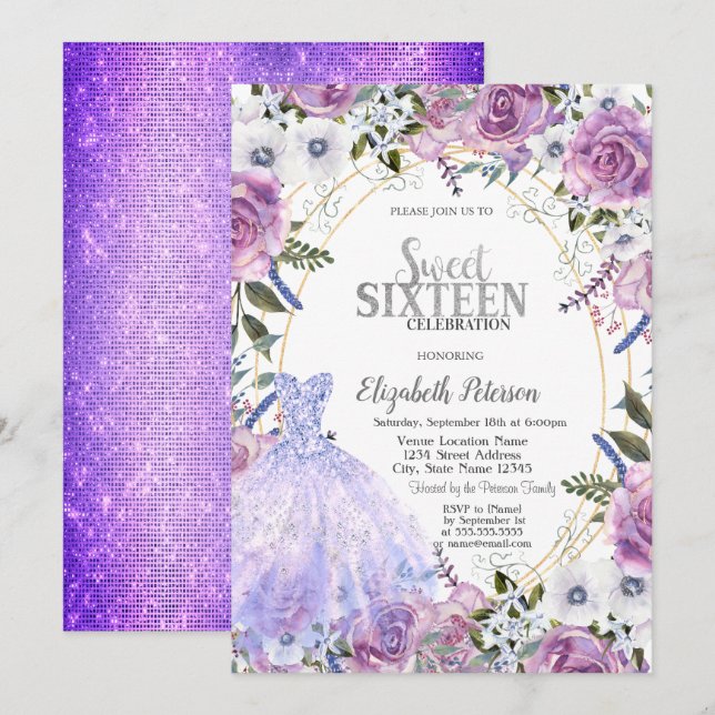 Violett Rose Kleidung Sequins Sweet 16 Einladung (Vorne/Hinten)