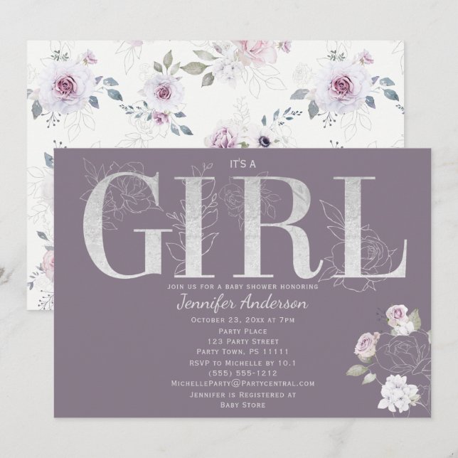 Violett Rose Silver Baby Girl Dusche Einladung (Vorne/Hinten)