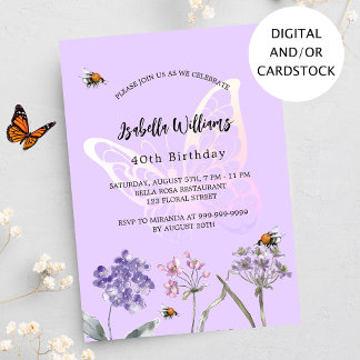 Violett-Schmetterling-Wildblumen rosa Geburtstag Einladung
