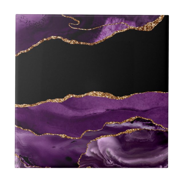 Violett Schwarzer Marmor Agate Glam Golden Glitzer Fliese (Vorderseite)