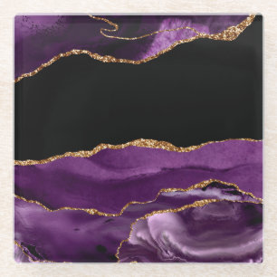 Violett Schwarzer Marmor Agate Glam Golden Glitzer Glasuntersetzer