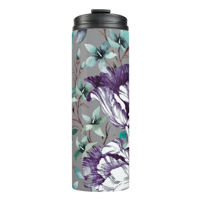 Violett Tulips: Graue Wildblumen Thermosbecher (Vorderseite)