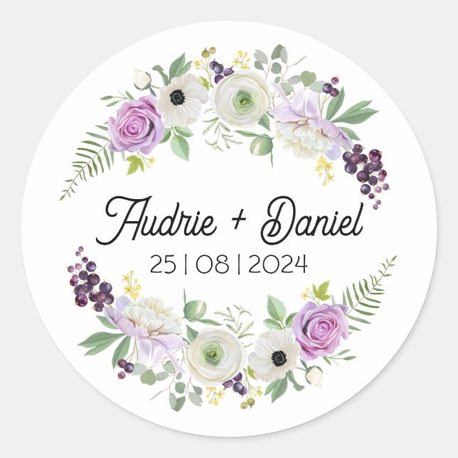 Violett und grüne rustikale Blume Hochzeitsticker Runder Aufkleber (Vorderseite)