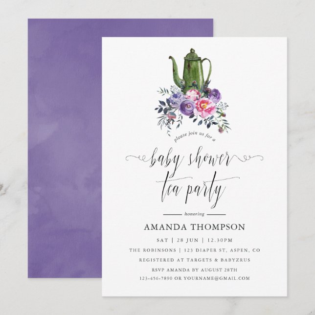 Violett und rosa Blumendusche Tee Party Einladung (Vorne/Hinten)