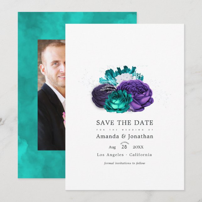 Violett und türkisfarbenes Foto Hochzeitsfeiern Ge Save The Date (Vorne/Hinten)