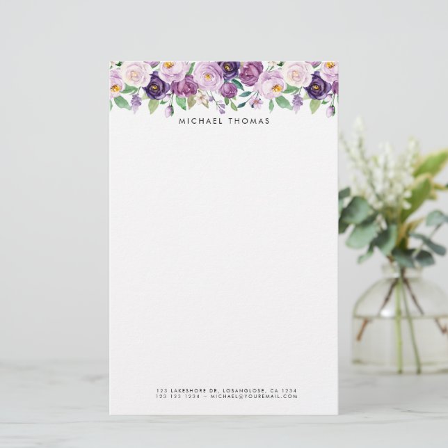 Violett-Violett Personalisierte Blumen Briefpapier (Stehend Vorderseite)
