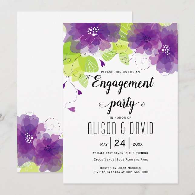 Violett-violette Blumen Hochzeitengagemnet-Party Einladung (Vorne/Hinten)