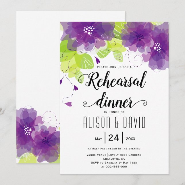 Violett-violette Blumen Hochzeitsdinner Probe Einladung (Vorne/Hinten)