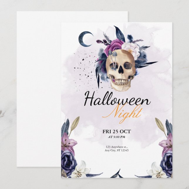 Violett Wasserfarbe Halloween-Party Gothic Skull Einladung (Vorne/Hinten)