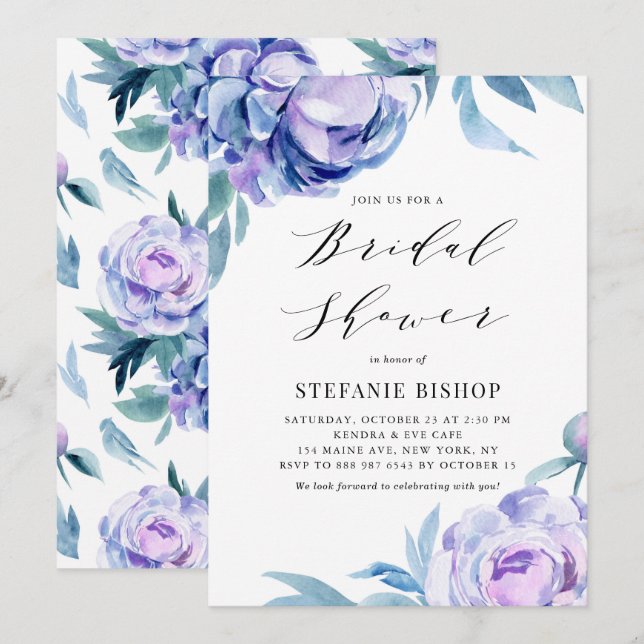 Violett Wasserfarbige Peonies Blumengeflecht Braut Einladung (Vorne/Hinten)