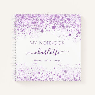 Violett-weiße Glitzer Staub lila Namensskript Notizbuch