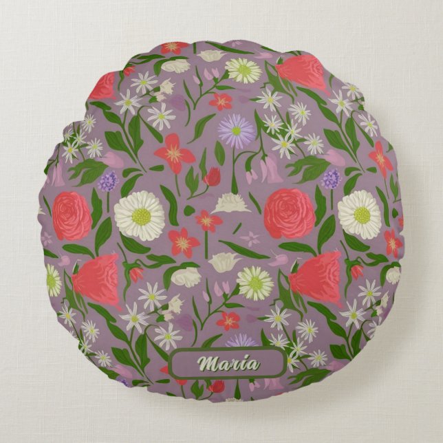 Violett Weiße und rosa Blume Rundes Kissen (Vorderseite)