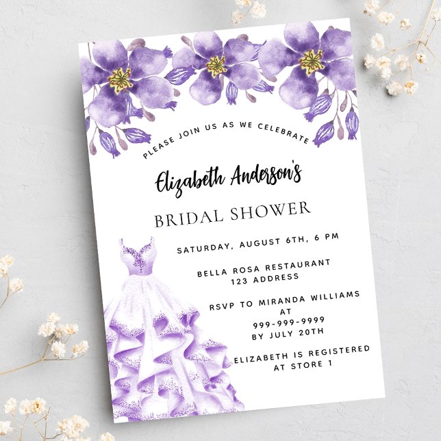 Violett weißes Blumenkleid elegantes Brautparty Einladung (Von Creator hochgeladen)
