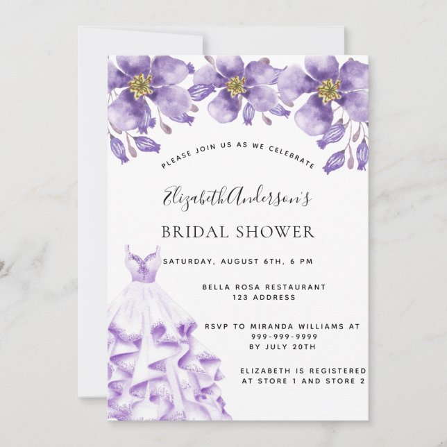 Violett weißes Kleid florales elegantes Brautparty Einladung (Vorderseite)