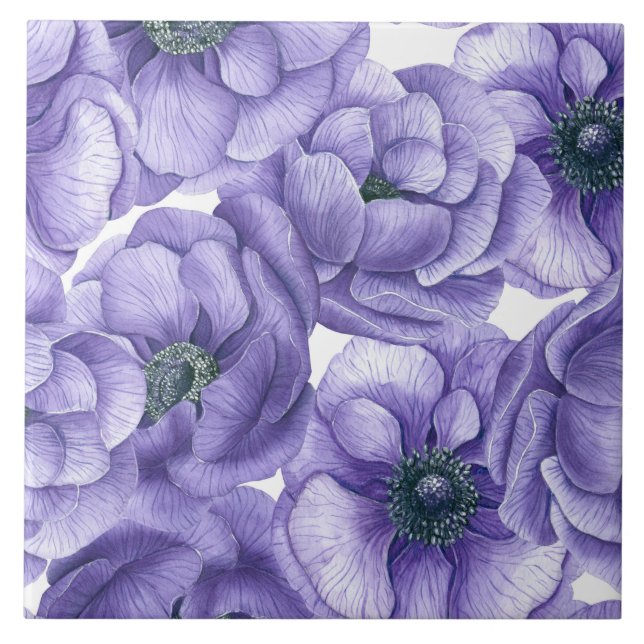 Violette Anemone Blume Aquarellmuster Fliese (Vorderseite)