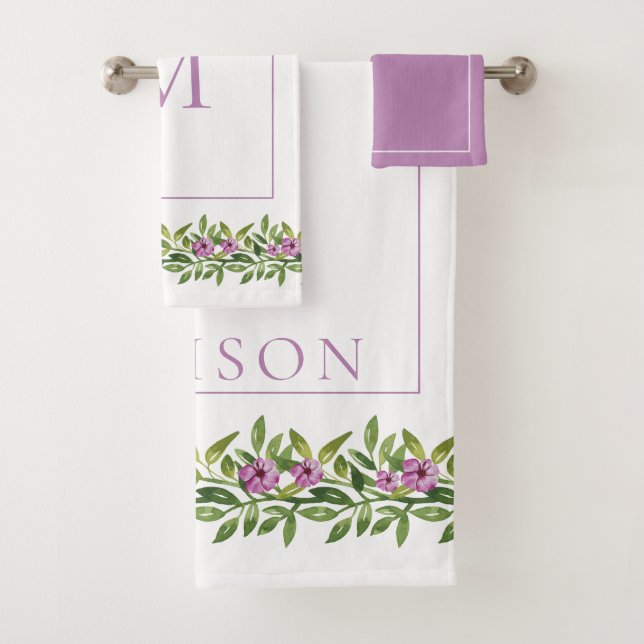 Violette Aquarellblumen, Monogramm-Blütenblumen Badhandtuch Set (Insitu)