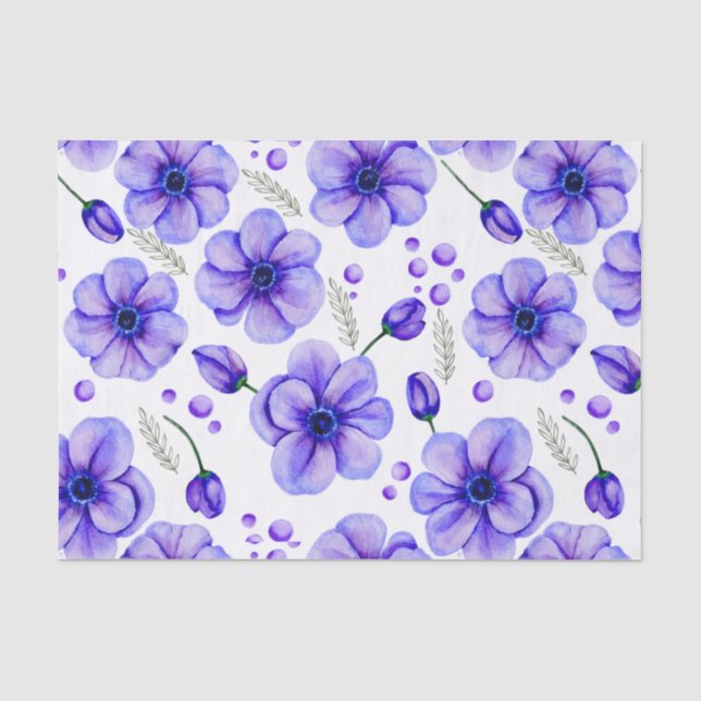 Violette Aquarellblumen und grüne Blätter Seidenpapier (Vorderseite)