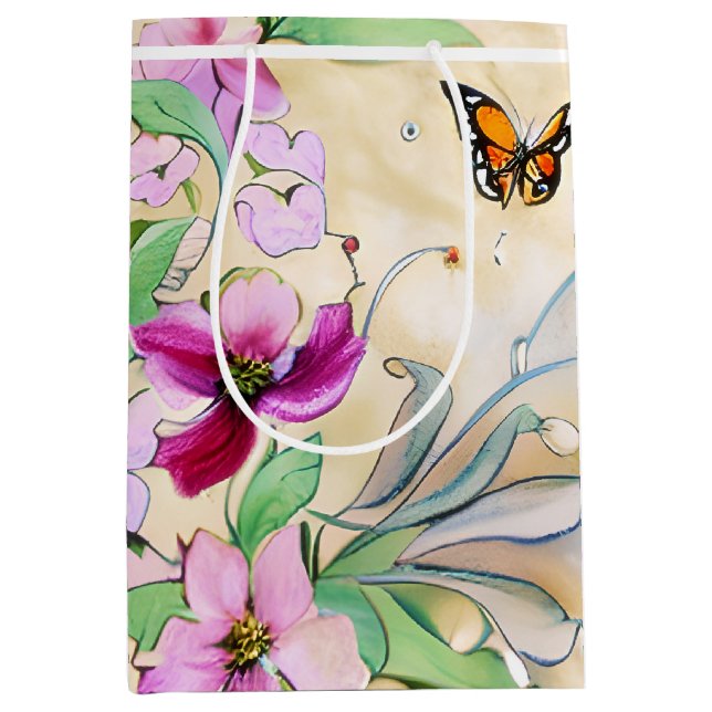 Violette Aquarellblumen und Schmetterling Mittlere Geschenktüte (Vorderseite)