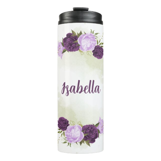 violette blühende grüne Blätter Thermosbecher (Vorderseite)