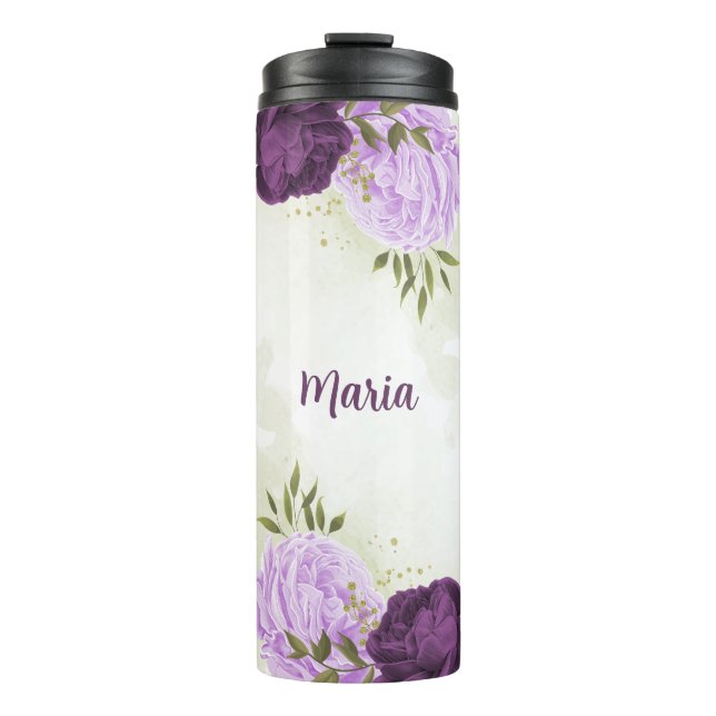 violette blühende grüne Blätter Thermosbecher (Vorderseite)