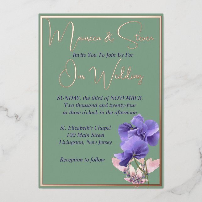 Violette Blume auf der Grünen Hochzeit Folieneinladung (Vorderseite)
