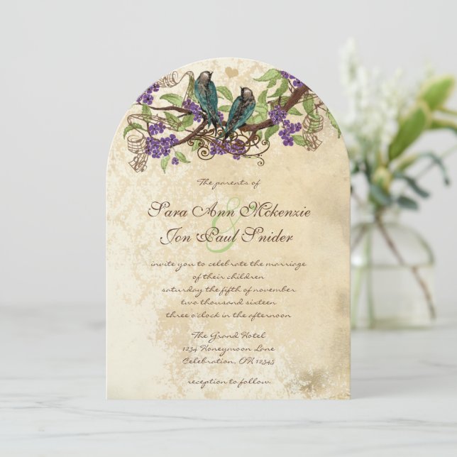 Violette Blumen Aquamarine Vintage Vögel Einladung (Stehend Vorderseite)