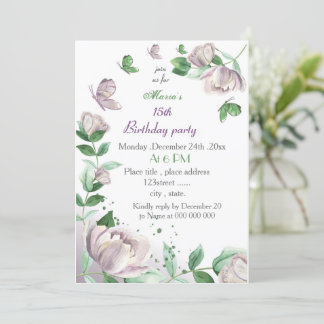 violette Blumen & Blätter Schmetterlinge Geburtsta Einladung