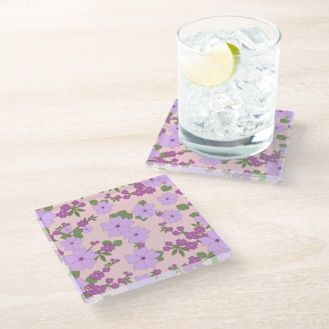 Violette Blumen, Blumenmuster, Muster von Blume Glasuntersetzer (Schrägansicht)