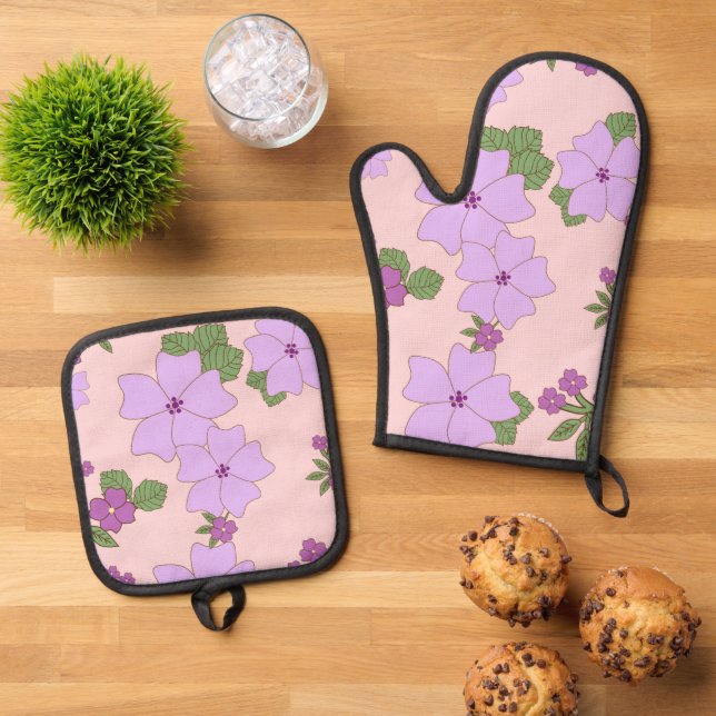 Violette Blumen, Blumenmuster, Muster von Blume Ofenhandschuh & Topflappen-Set (Oben Unten)