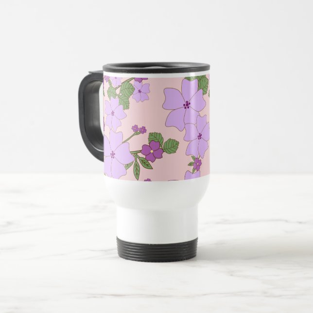 Violette Blumen, Blumenmuster, Muster von Blume Reisebecher (Vorderseite Links)