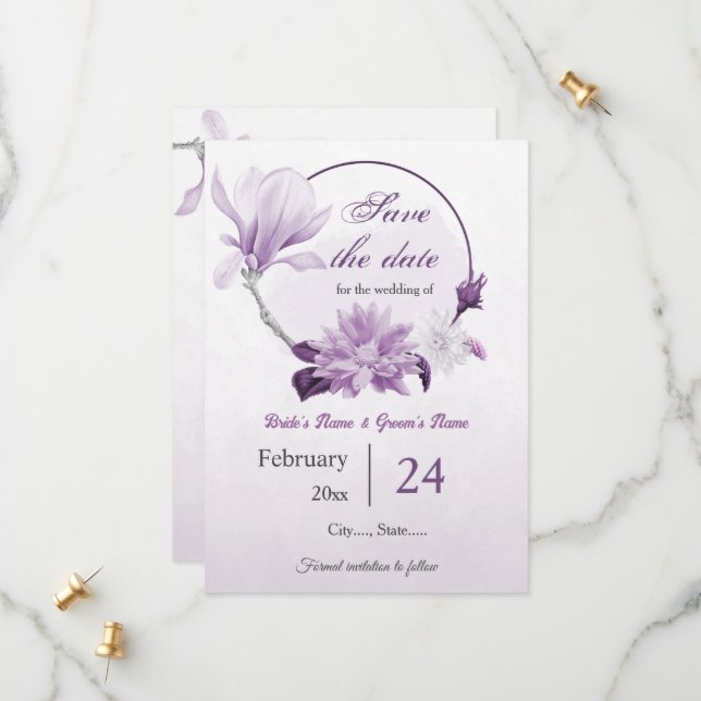 violette Blumen botanische Hochzeit Save The Date (Vorderseite/Rückseite Beispiel)