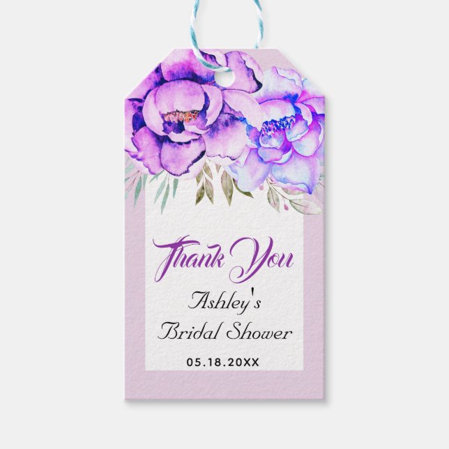 Violette Blumen Danke, lila Brautparty Geschenkanhänger (Vorderseite)