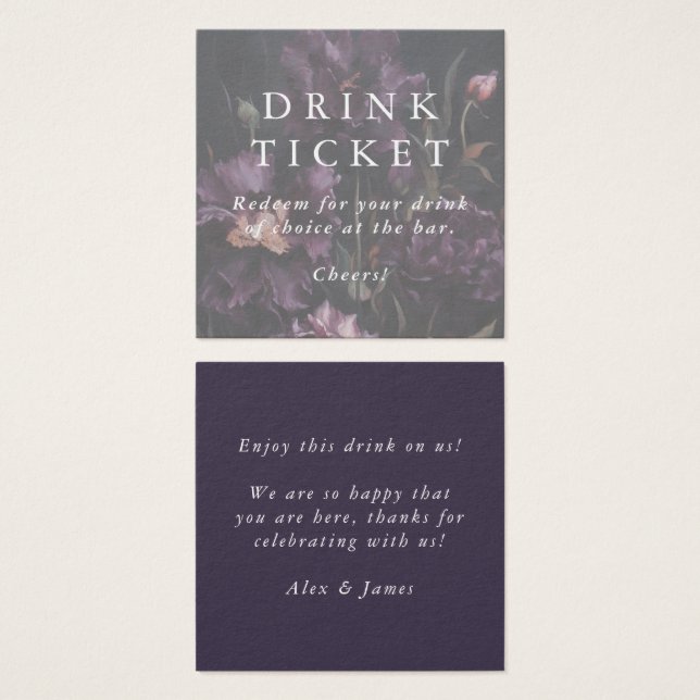 Violette Blumen Drink Ticket Hochzeit Bar Token (Vorne & Hinten)