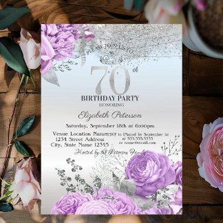 Violette Blumen Glitter Silber 70. Geburtstag Einladung