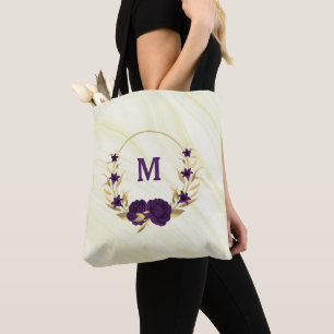 violette Blumen goldene Blätter Marmortüte Tasche
