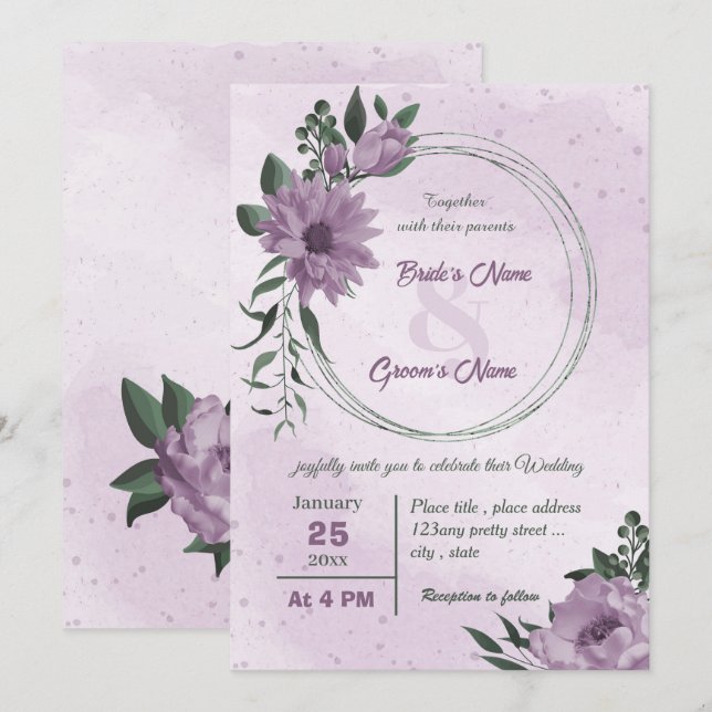 violette Blumen grüne Blätter botanische Hochzeit Einladung (Vorne/Hinten)
