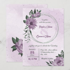 violette Blumen grüne Blätter botanische Hochzeit Einladung