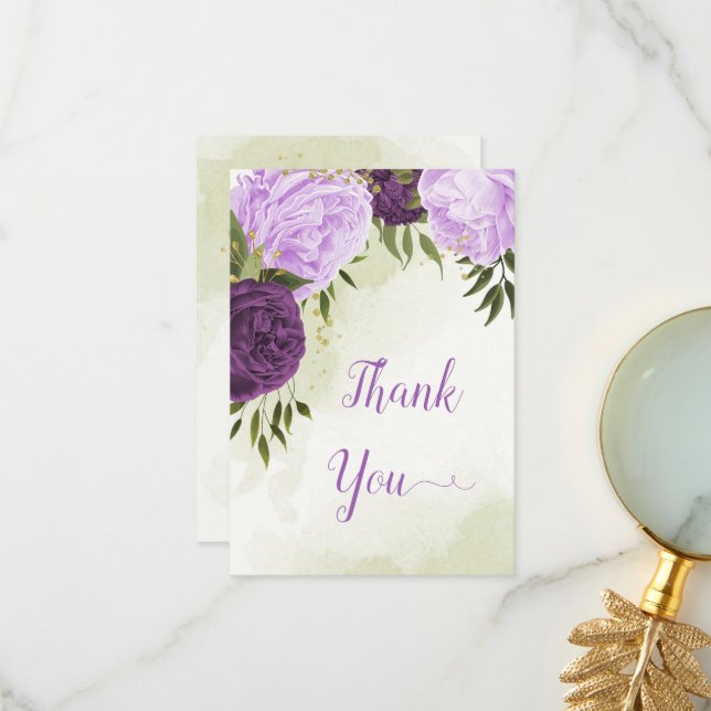 violette Blumen grüne Blätter Hochzeit Dankeskarte (Vorderseite/Rückseite Beispiel)