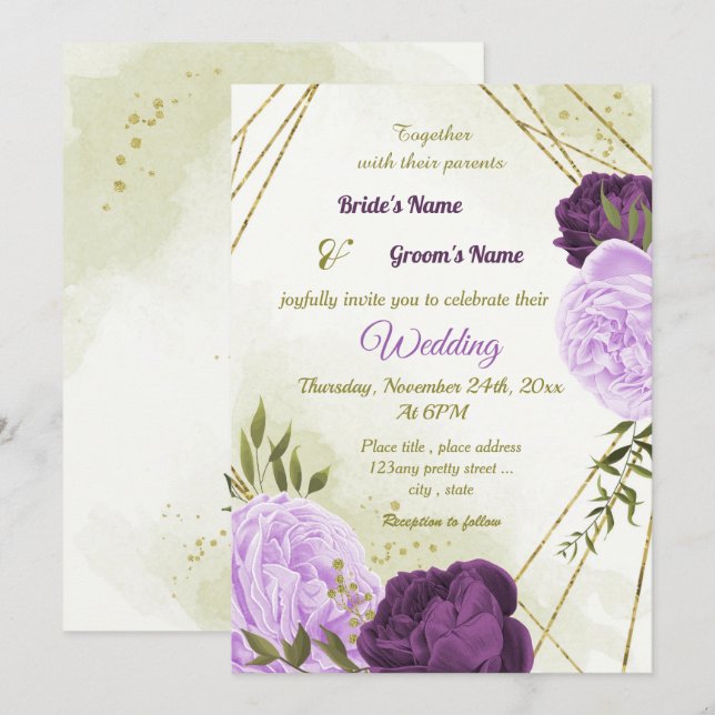 violette Blumen grüne Blätter Hochzeit Einladung (Vorne/Hinten)