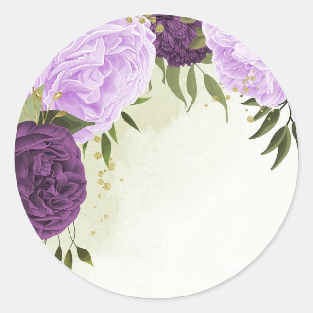 violette Blumen grüne Blätter Hochzeit Runder Aufkleber (Vorderseite)