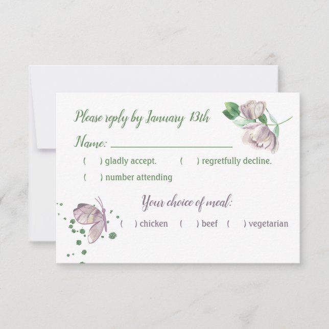 violette Blumen, grüne Blätter Schmetterling-Rsvp- RSVP Karte (Vorderseite)