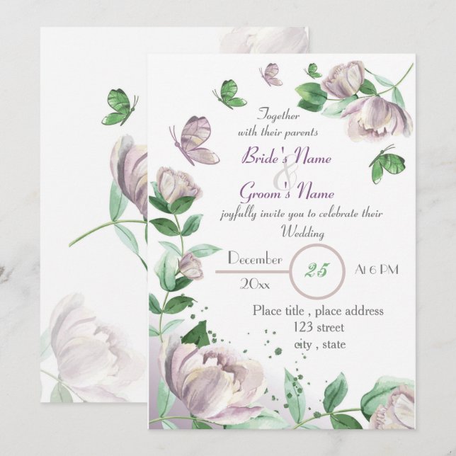violette Blumen grüne Blätter Schmetterlinge Hochz Einladung (Vorne/Hinten)